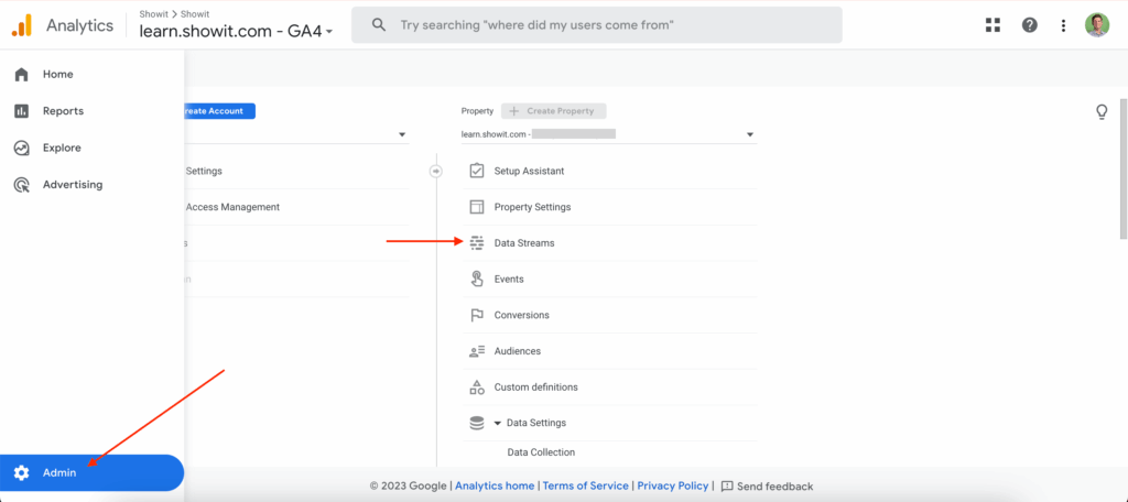 Screen grab of google analytics set up from Showit website