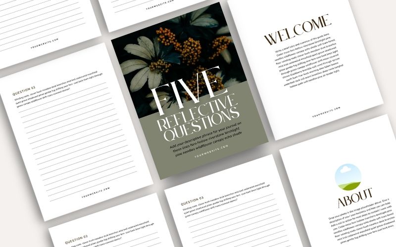 Free Canva lead magnet template mockup showing a journal cover, welcome page and question pages