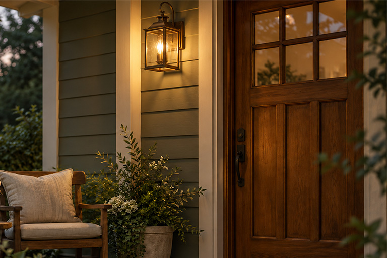 Porch light glowing at dusk, a picture of gentle business and porch light marketing